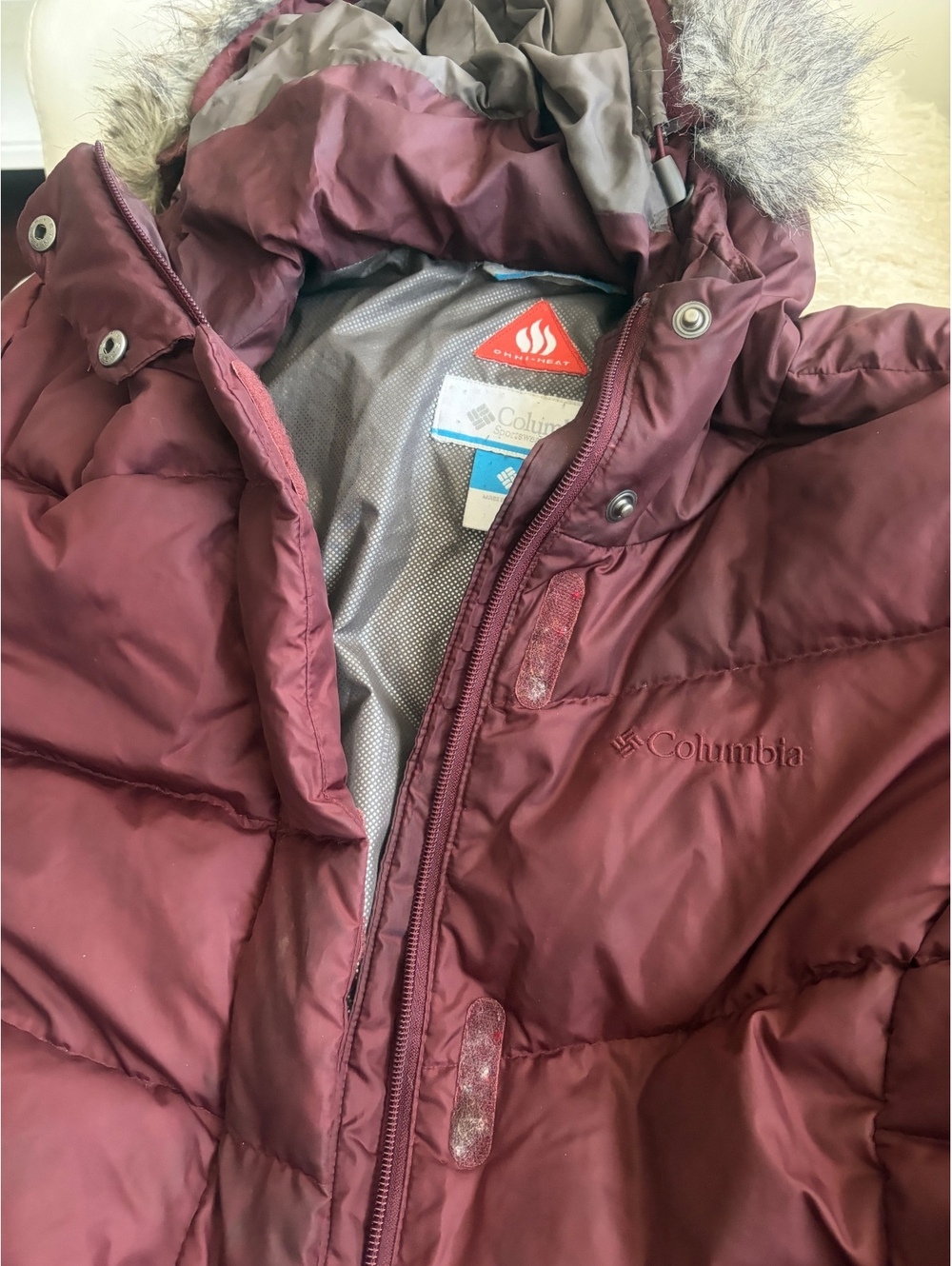 Columbia Women's Burgundy Long Down Puffer Coat with Faux-Fu